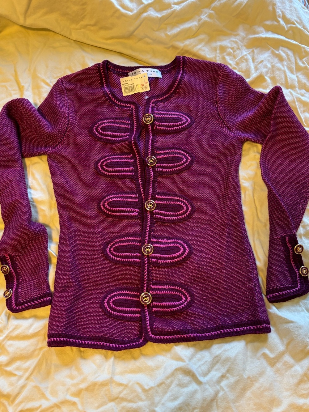 NWT Trina Turk 100% Merino Wool Cardigan Sweater Dark Purple with Military Style